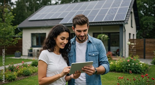 Couple uses tablet in front of solar panel house