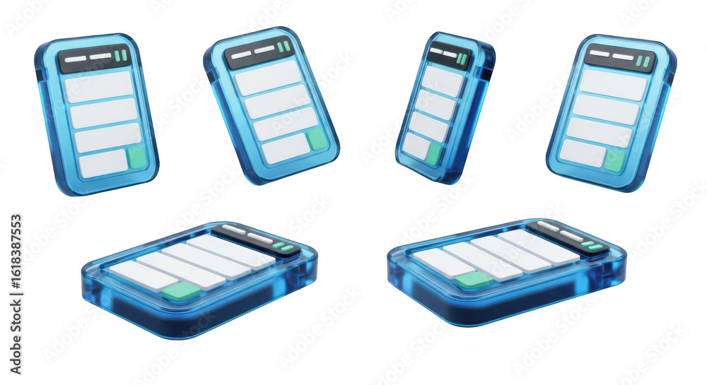 Fototapeta premium Blue digital devices float on a white background They're shown from multiple angles suitable for tech design or advertisement
