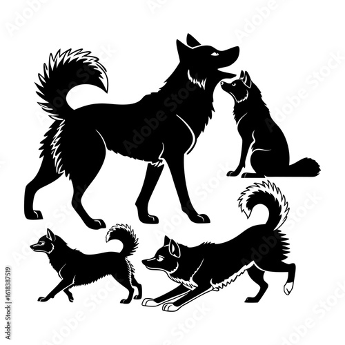 Set of Stylized Black Silhouettes of Alaskan Klee Kai Dogs in Various Poses and Actions
