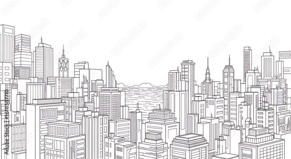 Fototapeta premium Monochrome line drawing presents an expansive view of the New York City skyline, including numerous towering buildings, skyscrapers, and waterfront background details nyc, skyline, architecture, build