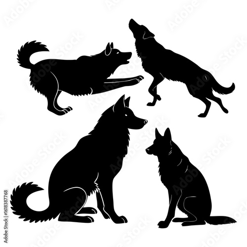 Silhouettes of Alaskan Shepherd Dogs in Various Poses Depicting Canine Behaviors and Movements