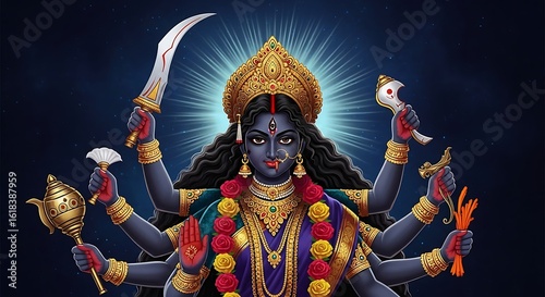 Goddess Kali with weapons, jewelry, and roses against a dark blue starry background