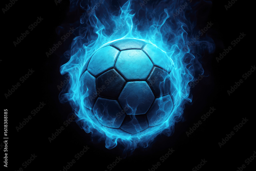 Fototapeta premium Soccer ball engulfed in blue flames on a dark background captures the intensity and passion of the game in a striking visual display