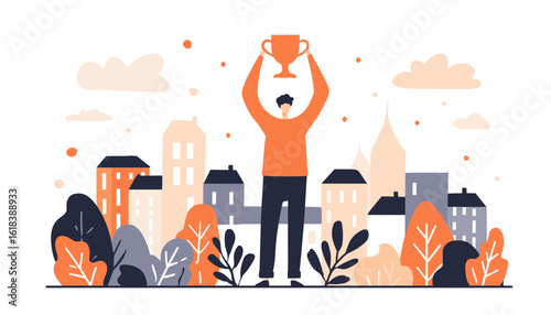 Man celebrating with trophy in cityscape with autumn foliage  