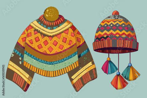 vector of Knitted shawl and hat model. Knitting pattern ... light background color.