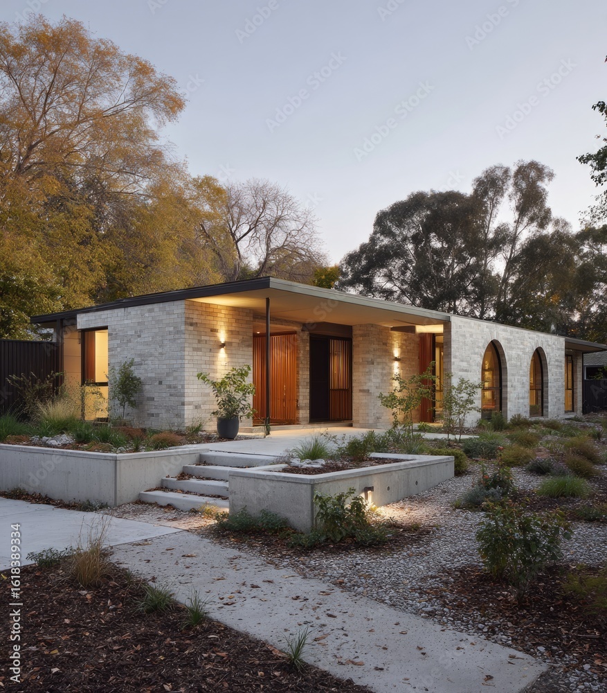 Obraz premium Modern home facade at dusk, stone and concrete, nestled amongst trees