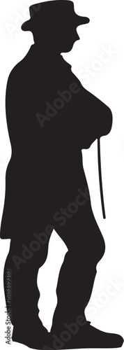 This is a black silhouette of a person wearing a hat and holding a cane, possibly depicting an elderly man or a gentleman from a bygone era, standing in a slightly crouched position.