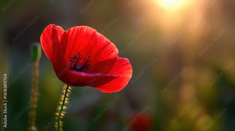 Fototapeta premium A vibrant red poppy flower stands prominently against a softly blurred background with warm sunlight gently filtering th
