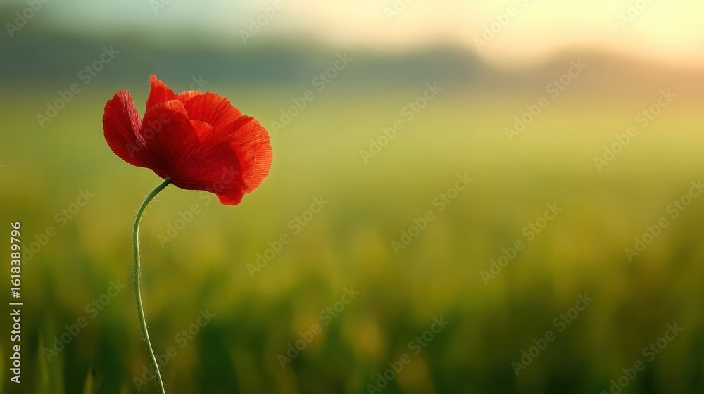 Obraz premium A vibrant red poppy flower stands prominently against a softly blurred grassy field at sunrise or sunset,