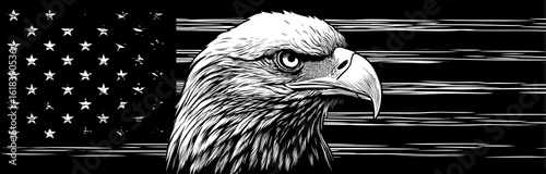 Monochrome eagle illustration with american flag background design