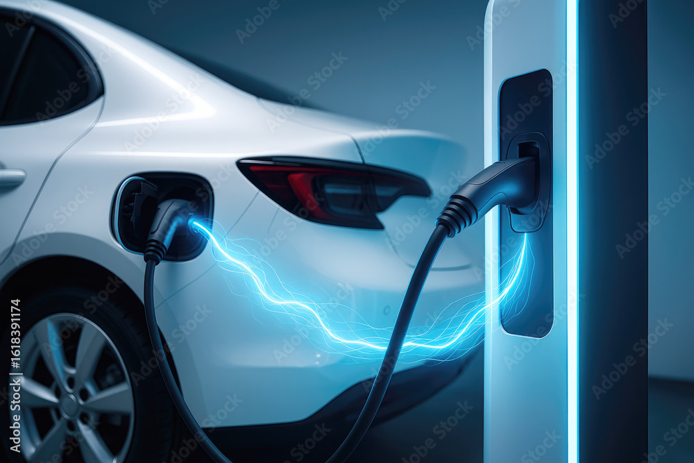 Naklejka premium Electric car charging at a station during the evening, highlighting the growing trend of sustainable transportation technology