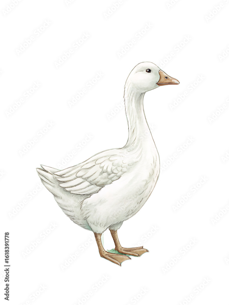 Fototapeta premium Illustration of a white goose standing on green grass inside an oval scalloped frame with stripes