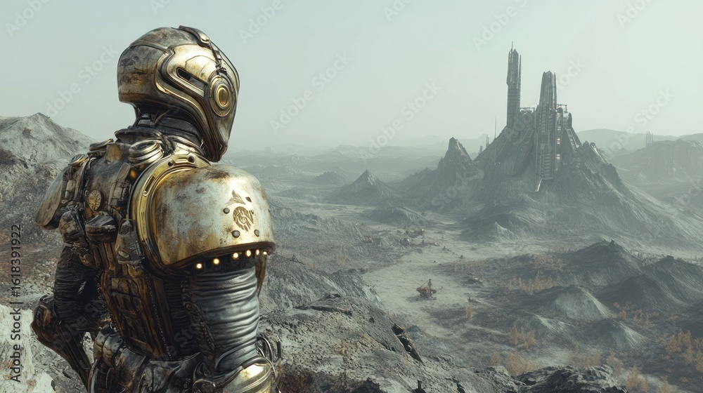 Naklejka premium Armored figure overlooks a bleak, desolate landscape with a distant futuristic city