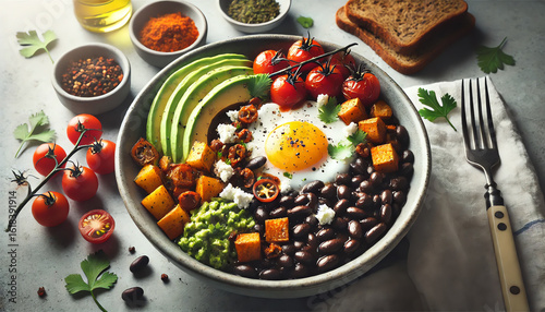A high-quality close-up of a nutritious black bean breakfast bowl. The bowl features seasoned black beans, fluffy scrambled eggs, and roasted sweet potatoes