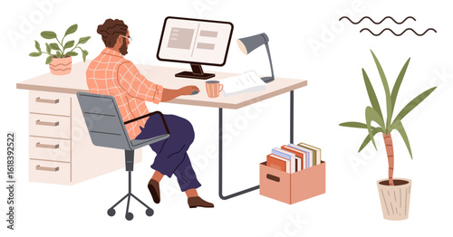 Man seated at desk using computer, surrounded by plants, desk lamp, files, and organized resources. Ideal for remote work, productivity, organization, work-life balance home design minimalism