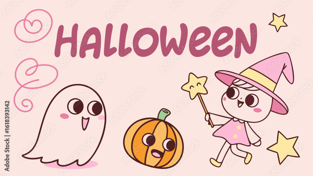Obraz premium Halloween Cute Cartoon Card with Funny Characters and Festive Illustration