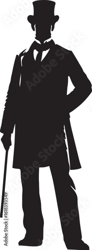 The image is a black and white silhouette of a man in a top hat and tails, standing with his hand on his hip and holding a cane, suggesting a wealthy or distinguished gentleman.