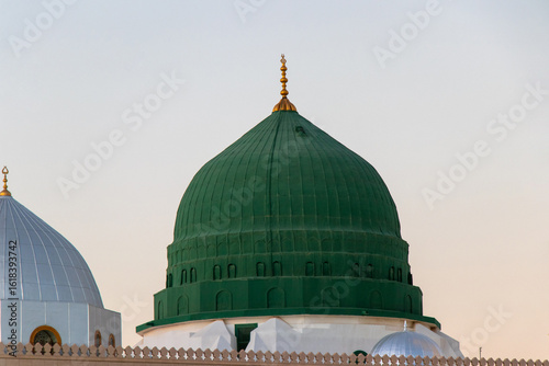 The green dome of the Prophet's Mosque. Al-Masjid An-Nabawi.