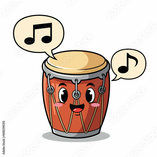 Cartoon conga drum character with a happy face and musical notes in speech bubbles.