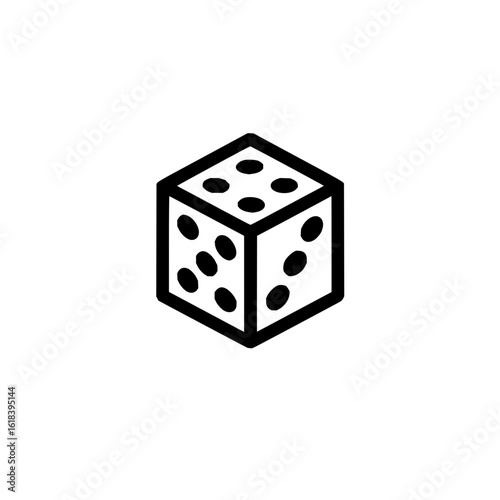 Illustration of a six sided die with black outline and black dots on white background showing three sides