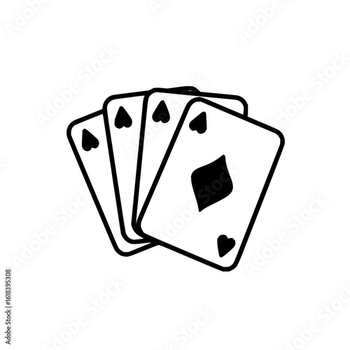 Illustration of a hand of playing cards with spade and diamond suits in black and white outline style
