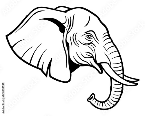 Detailed black and white elephant head silhouette