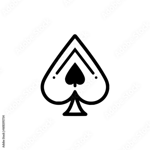 A graphic representation of a spade suit symbol with a black fill and a bold outline on a white background