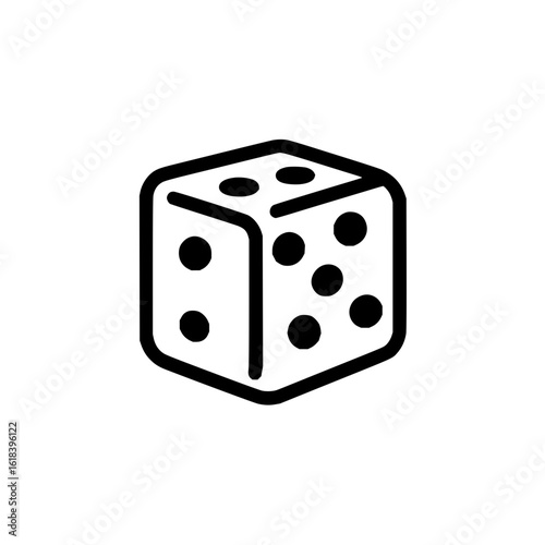 A simple black outline drawing of a standard six sided die with rounded corners and visible pips on faces