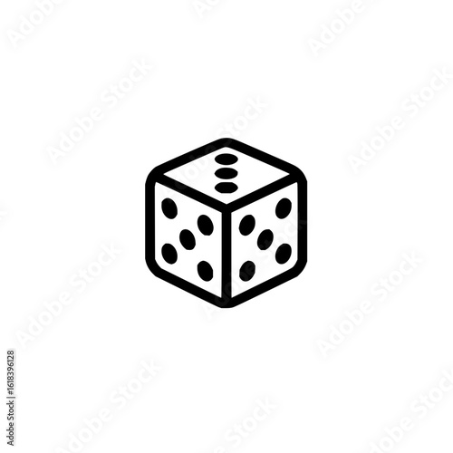 A single die with black outline and dots representing numbers on a white background in isometric view