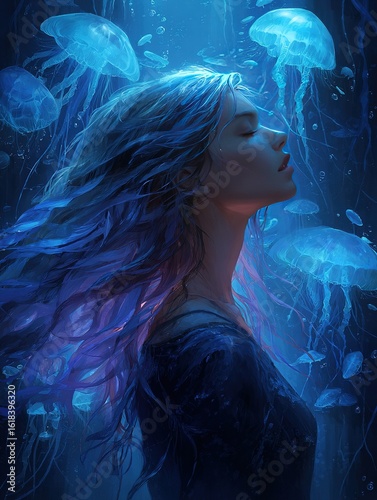 A dreamy underwater mermaid with long flowing hair surrounded by bioluminescent jellyfish, a mysterious ocean scene. Fantasy art style, highly detailed rendering, dreamy atmosphere