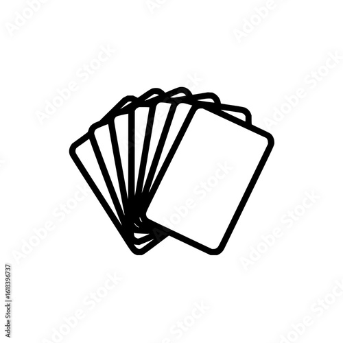 A minimalist outline illustration of a fanned deck of playing cards with rounded corners in black and white