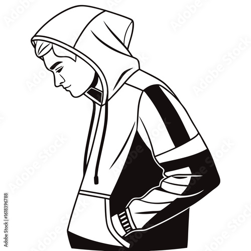 Young man in a hooded sweatshirt looking down silhouette