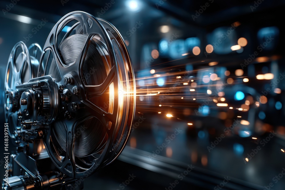Fototapeta premium Film projectors spin as bright sparks fly during a cinematic presentation at a modern theater