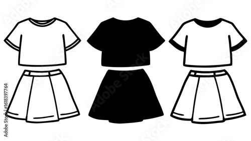 Three outfits with skirts and t shirts silhouette