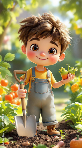 Cute cartoon boy gardening with a shovel and vegetables Cartoon character illustration.