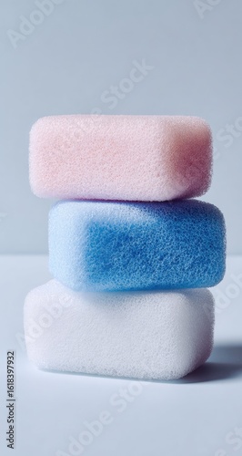 A stack of three pastel-colored, fluffy rectangular sponges; pink, light blue, and white, on a light blue background