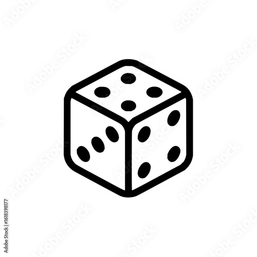 Isometric outline of a white die with black spots showing the numbers four five and six for game use
