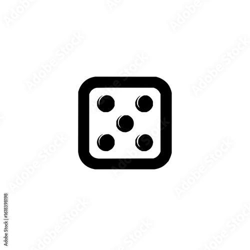 A black and white illustration of a single die with five pips arranged in a standard dice pattern shape design
