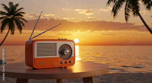Nostalgic summer vacation concept with a retro orange radio on a tropical beach at beautiful sunset