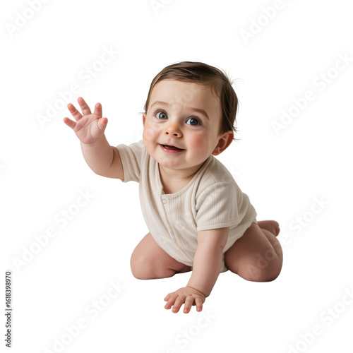 Baby crawling on floor, reaching forward with one hand and supporting with the other—wearing a white onesie. Set against a transparent background to highlight motion, purity, and early development.