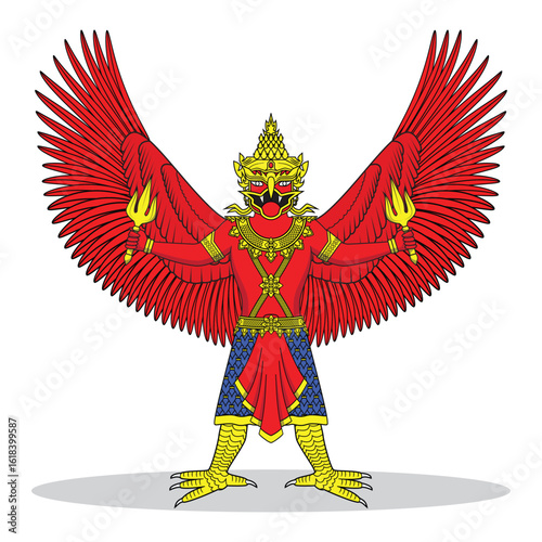 Line art illustration vector concept of red Garuda mythical or legendary creature with half human and bird- Vishnu god carrier in Hindu design drawing in colorful vector