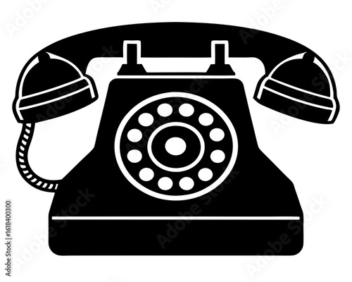 Retro rotary dial telephone in black and white silhouette