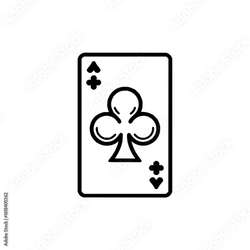 Ace of clubs playing card with black outline and club symbols on a white rectangular background design
