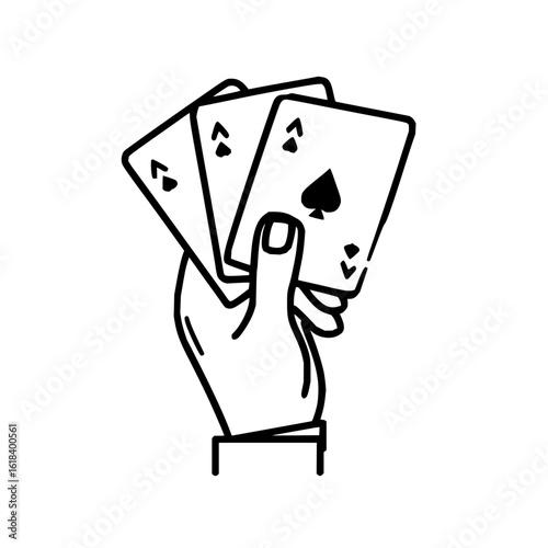 Hand holding three playing cards with ace of spades and other aces in a black and white line drawing