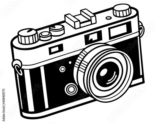 Vintage rangefinder camera in a bold black and white silhouette