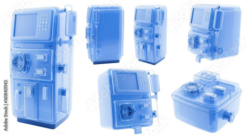 X-ray-style dialysis machine parts isolated on white showing internal mechanisms for healthcare medical treatments and equipment examination