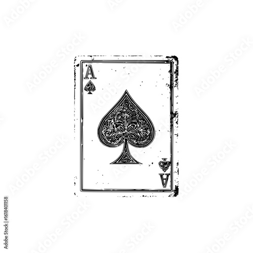 Ace of spades playing card with grunge border and ornate spade design in black and white illustration