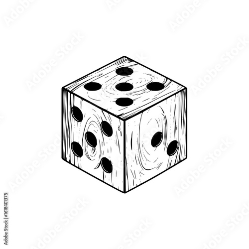 Isometric drawing of a wooden die with black dots showing the numbers five two and six in detail