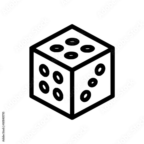 Isometric outline of a standard six sided die showing the four, five, and six pip faces in black lines