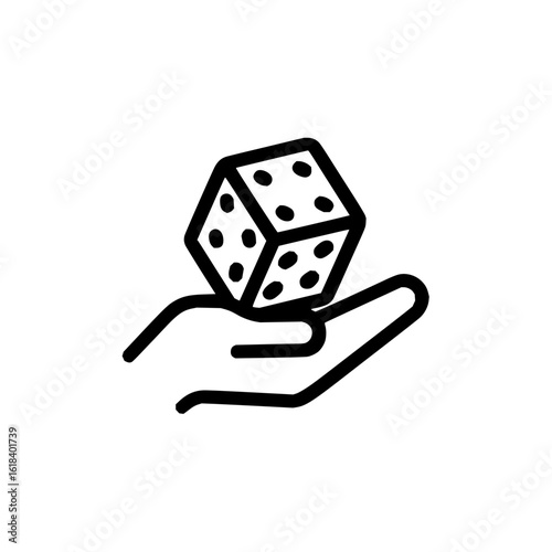 A simple line drawing of a hand holding a die with visible dots on its faces in a minimalist style